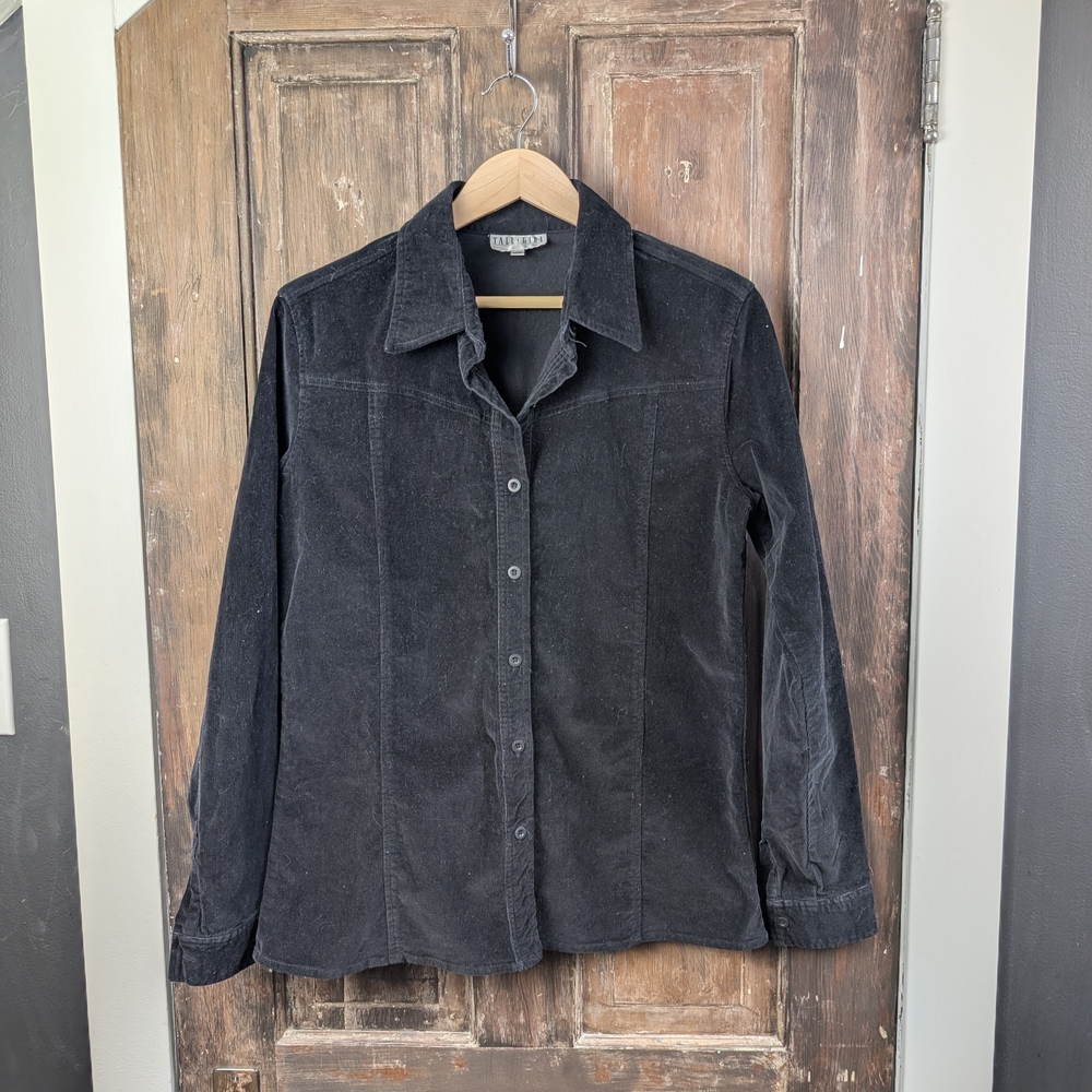 Tall Girl Black Micro Corduroy Button Up Minimalist Shirt | Fits Medium Tall